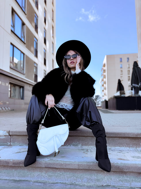 "BUSHY" artificial fur coat - BLACK